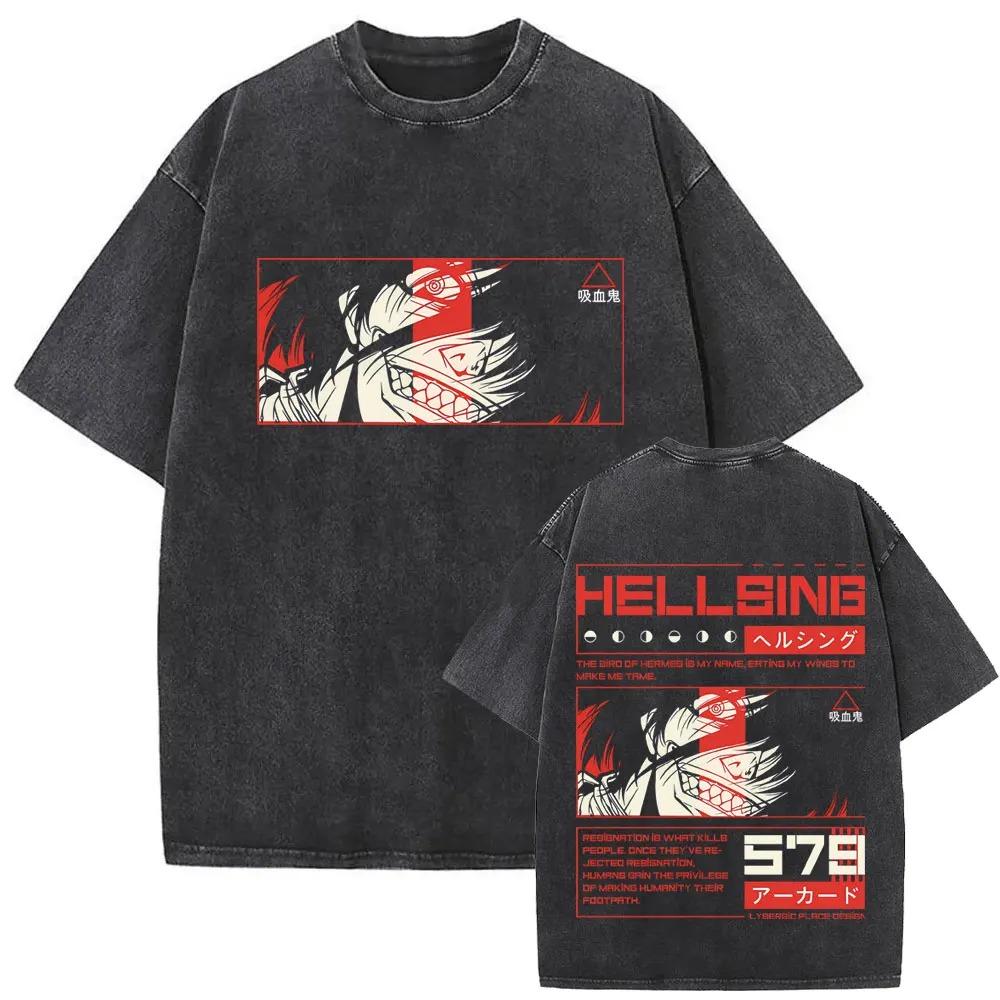 Hot Sale Anime Hellsing Abraham Van Helsing Vampire Alucard Print Tshirt Men Women Vintage Washed Cotton Summer Tee Oversize Top