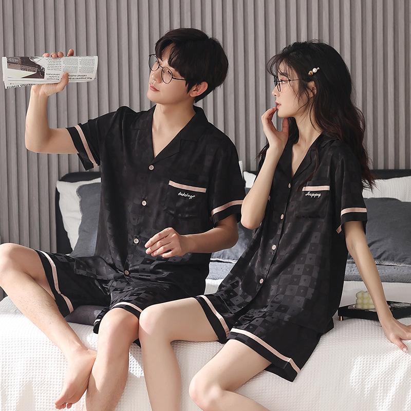 Couple ice silk pajamas women's summer short-sleeved shorts cardigan 1011 new cool summer men's loungewear set