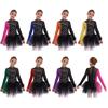 Girls Figure Skating Dress Long Sleeve Sparkling Rhinestones Color Block Patchwork Stage Performance Costume