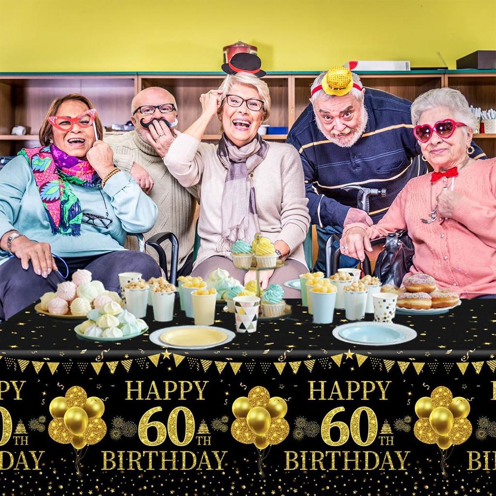 3 шт. Скатерть для 60-го дня рождения, Декорации, Декорации на 60-летие, Черно-золотая, Счастливого 60-летия, Скатерть для стола, Прямоугольная, Декорации для стола, 60-летие