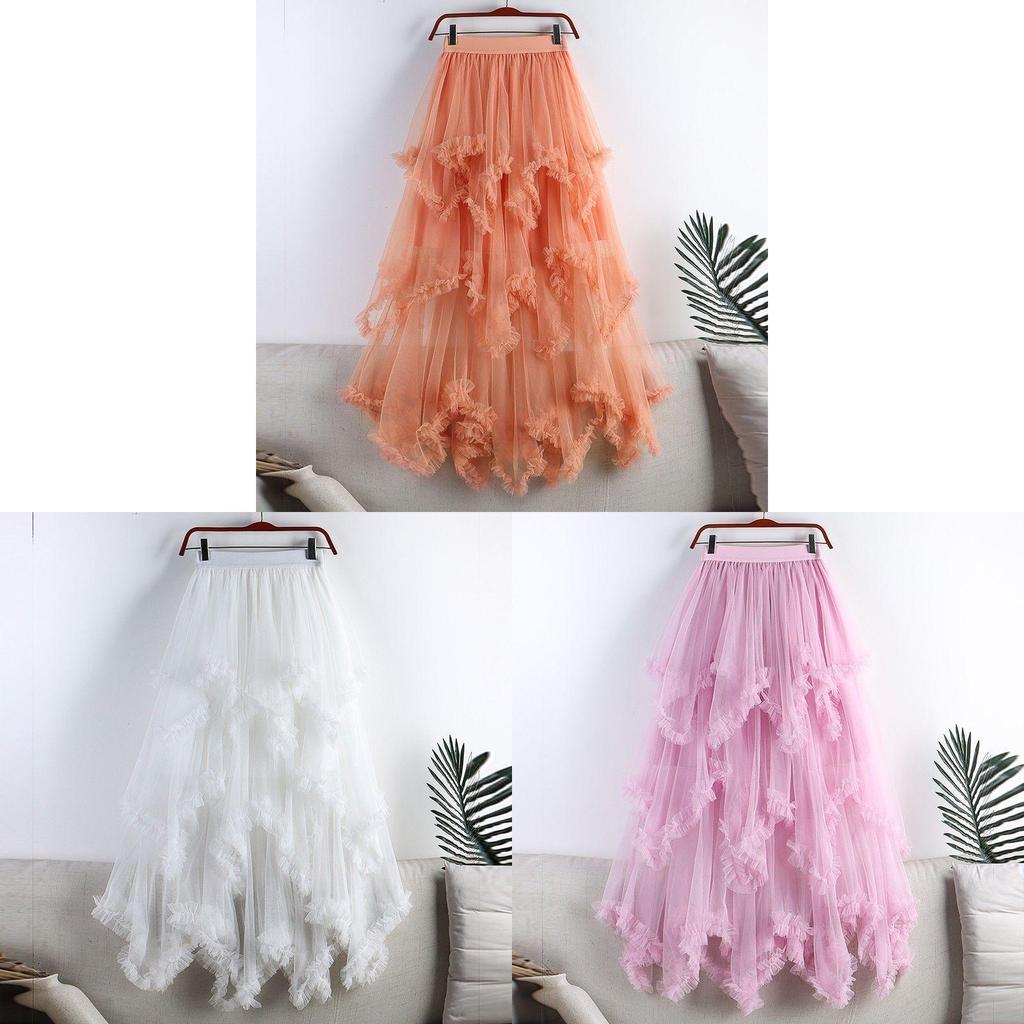 Princess Style Mesh Skirt With Ruffle Hem And High Waist For Summer Casual Wear