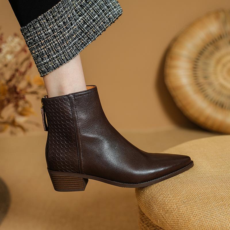 Fashion 2025 New Autumn Women Boots Pointed Toe Chunky Heel Shoes Genuine Leather Women Shoes Concise Zipper Ankle Boots Western Boots