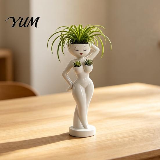 Unique Resin Flowerpot for Succulents Funny Female Figure Planter with Drainage Holes, Elegant Lady Flower Pot Indoor Outdoor Decorative Succulents,