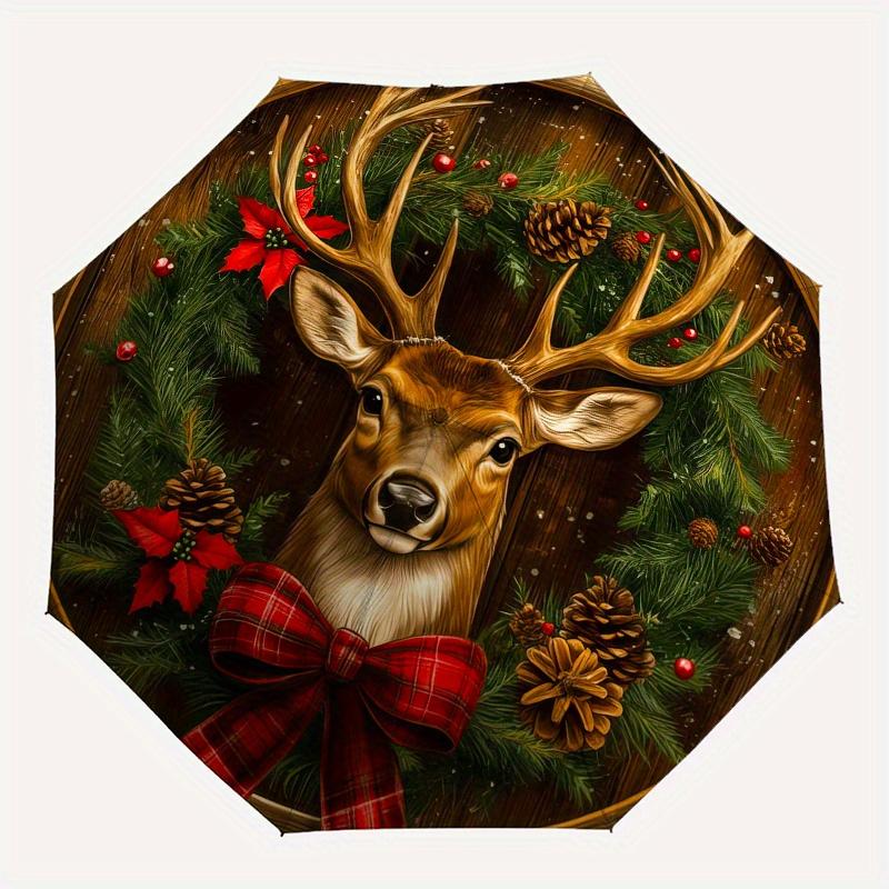 Christmas Deer Wreath Wooden Sign DecorationUmbrella, PortableFold Compact Umbrella for Men & Women Gift