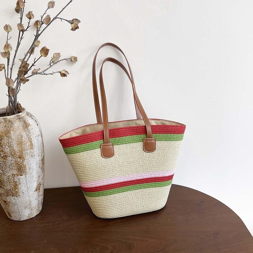 Large Capacity Shopping Straw Bag Polyester Summer Beach Handbag Stripe Woven Tote Bag Female