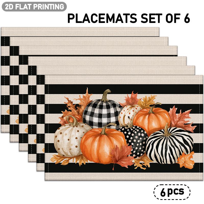 4/6pcs, Autumn Pumpkin And Maple Leaf Pattern Placemats, Black And White Stripes And Plaid Design, Suitable for Indoor/Outdoor Party Restaurant Decor,