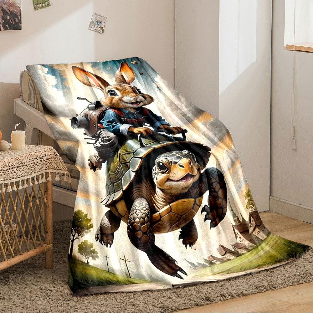 A cheerful rabbit rides a rocket-powered turtle through a rural sky. for all seasons blanket lunch break throw gift