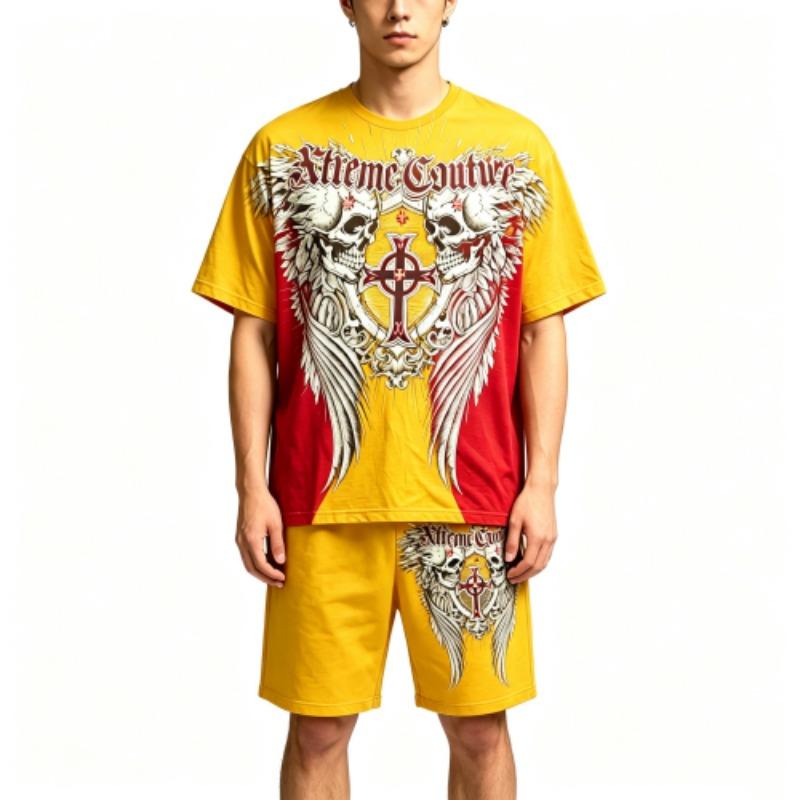 Summer Fashion Casual Retro Skull Angel Wing Printed Round Neck Short Sleeved T-Shirt And Shorts Set Men's and Women's T-shirt Shorts Set