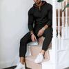 Mens Casual Two-Piece Set Hooded Long Sleeve Top Pants Solid Waffle Knit Lightweight Everyday Wear