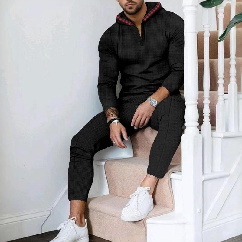 Mens Casual Two-Piece Set Hooded Long Sleeve Top Pants Solid Waffle Knit Lightweight Everyday Wear