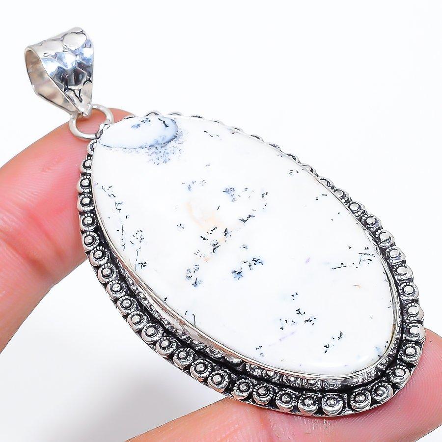 Dendrite Opal Gemstone Handmade 925 Sterling Silver Jewelry Pendant 2.80" SU-10782