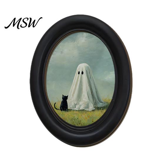 Boho Retro Housewarming Gift Halloween Wooden Hanging Sign, Vintage Oval Black Cat Ghost Small Decorative Picture Frame Wall Art Decor, Dark