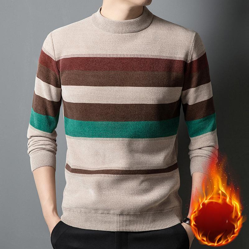 Зимний полосатый свитер с круглым вырезом для мужчин - повседневный свитер из смеси полиэстера, средней эластичности, с длинными рукавами и ребристой вязкой, теплый свитер стандартного кроя