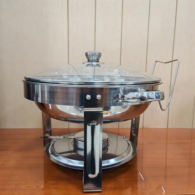 Stainless Steel 5L Round Alcohol Buffet Stove with Glass Lid and Hook for Outdoor Use