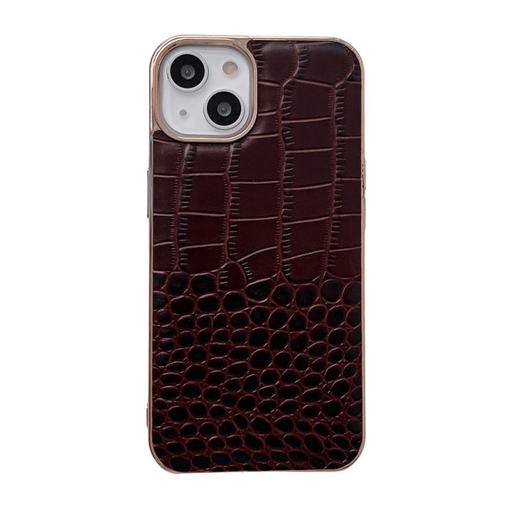 For iPhone 14 Crocodile Texture Genuine Leather Nano Electroplating Phone Case