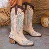 Women's Wide Width Pointed Toe Cowboy Boots, Chunky Heel Knee High Western Boots, European Style Long Boots for Women