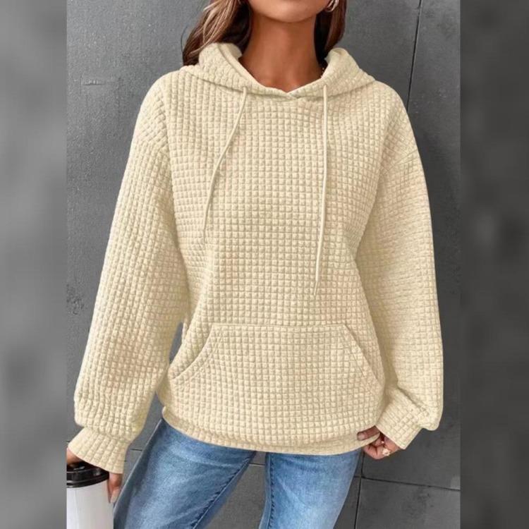 Plaid Pullover Jacket Women Long Sleeve Solid Color Hoodie with Pocket Round Neck