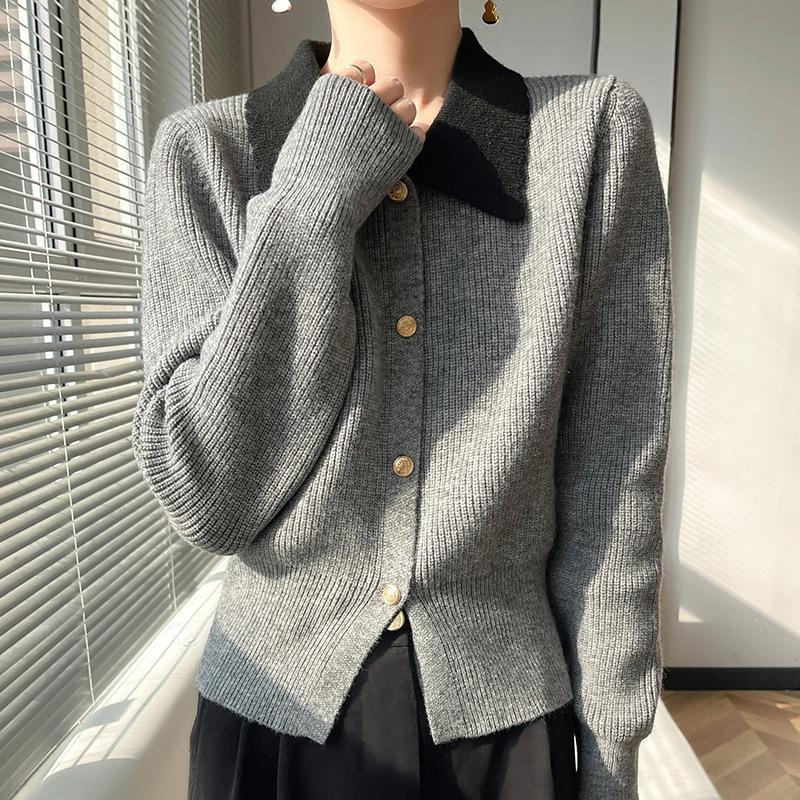 Polo Collar Chambray Sweater Cardigan Jacket Colour Blocking Doll Neck Knitwear Women's Tops