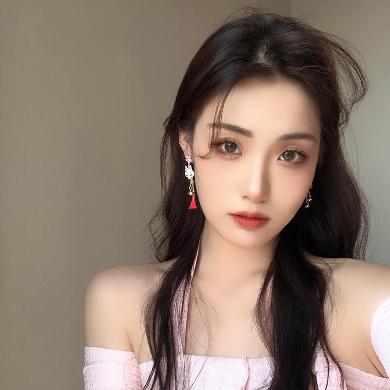 Chinese Fox Mask Folding Fan Asymmetrical Long Tassel Earrings For Women Girls Cherry Blossom Ear Hook Christmas Jewelry