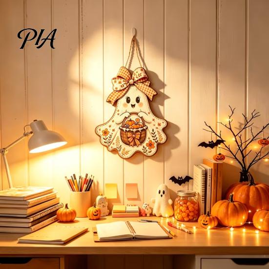 Autumn Porch Hanging Ornament Cute Bow Ghost Sign, Rustic Retro Floral Door Sign with Pumpkin Outdoor Fall Entryway Basket, Vintage Halloween