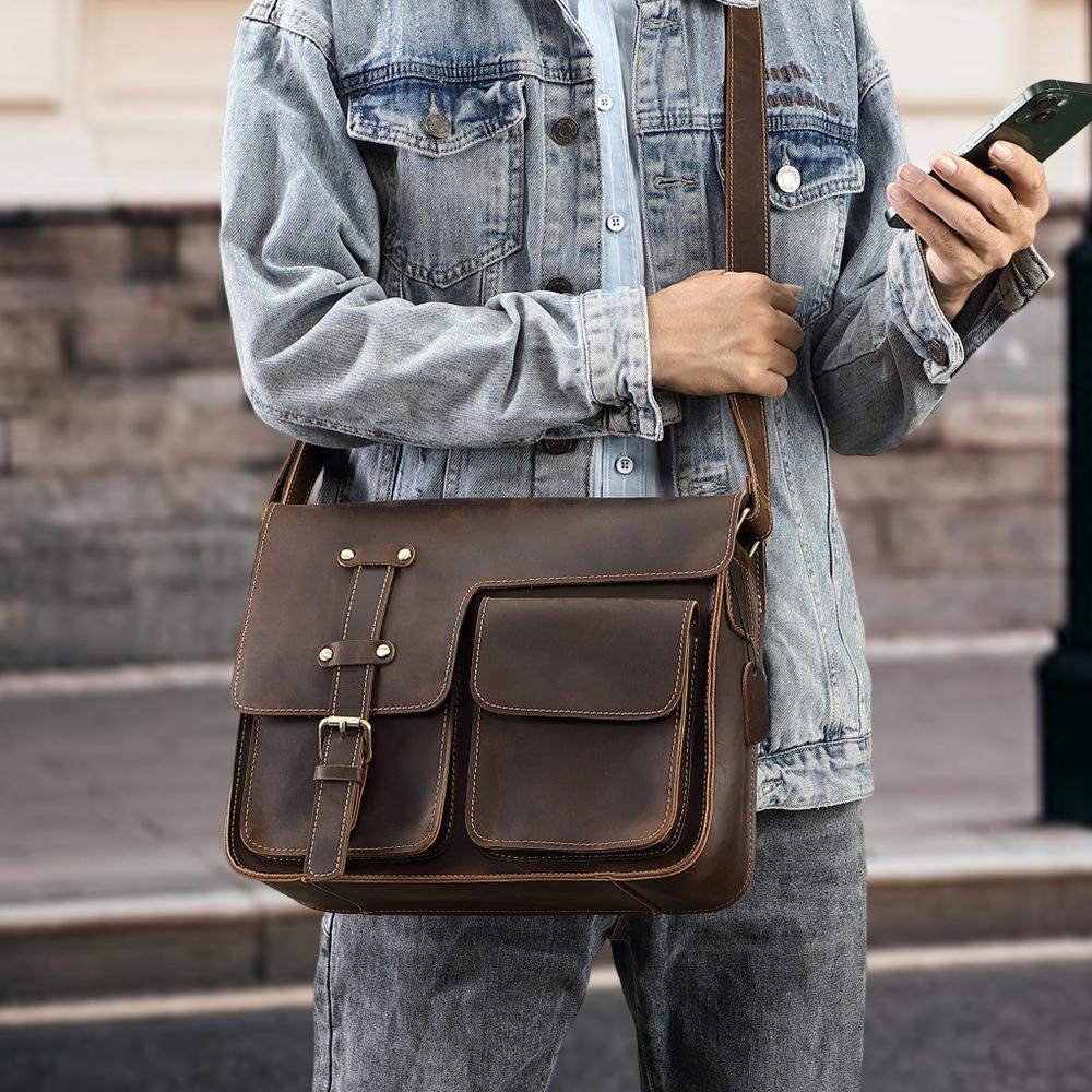 Men's Crazy Horse Leather Crossbody Bag - Genuine Leather Messenger & Multifunctional Computer Briefcase