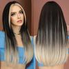 Long Black Straight Wigs for Women Synthetic Highlights Blonde Layered Wig with Curtain Bangs High Density Hair Wig