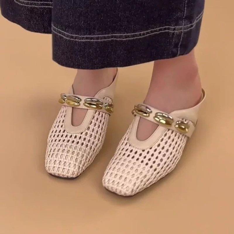 Fashion Soft Leather Simple Wedge Heel Cool Mopping Summer New Square Toe Shallow Mouth Woven Cutout Metal Buckle Wear Wrapped Slippers