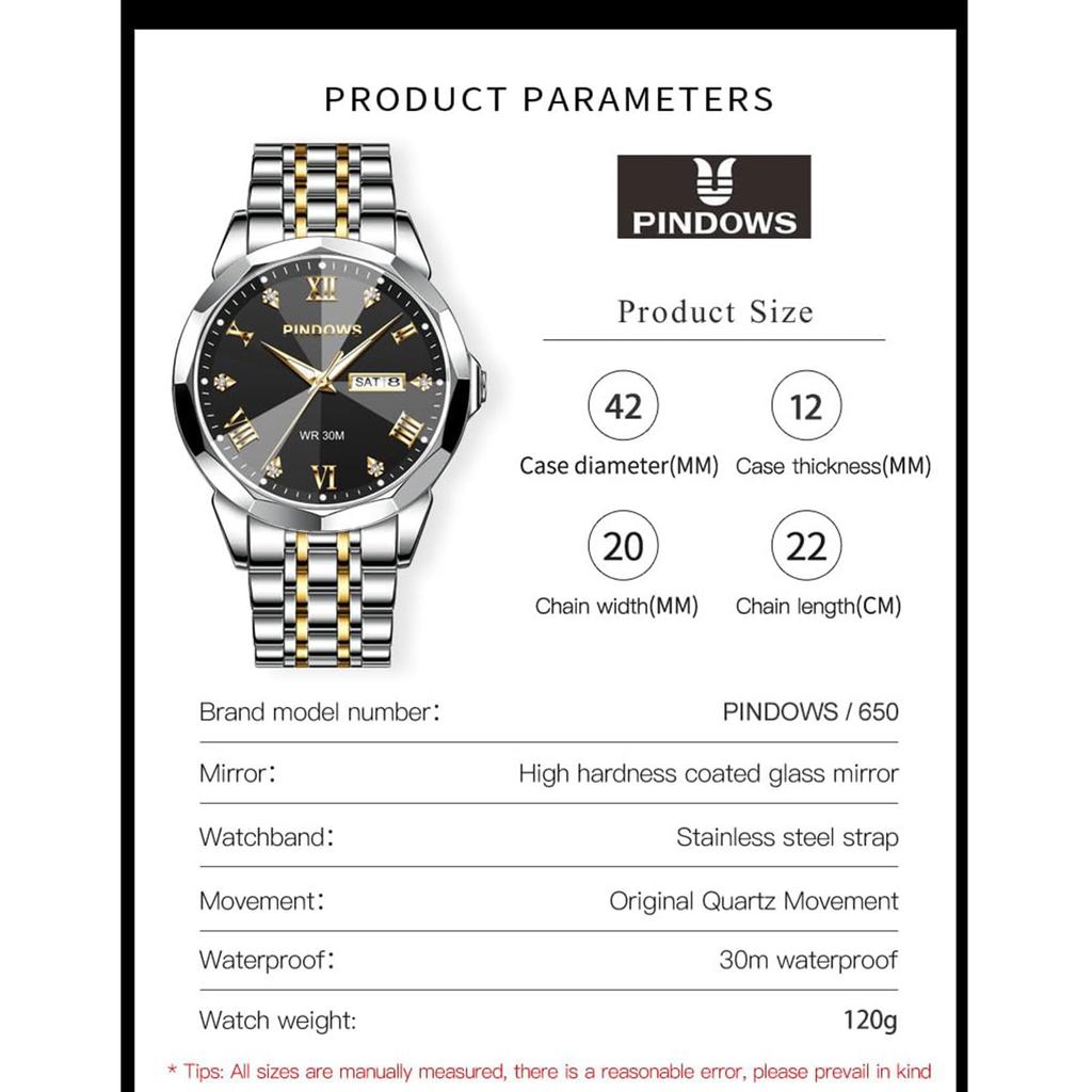 PINDOWS Роскошные деловые наручные часы с аналоговым кварцевым механизмом, водонепроницаемые, со светящимися стрелками, с датой и браслетом из нержавеющей стали для классического делового повседневного стиля, мужские