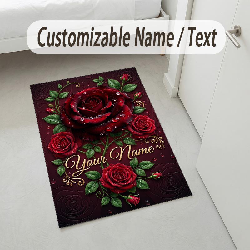 Roses Elegance Theme Soft Crystal Velvet Rug Custom Name & Text Print Non Slip Floor Rug for Bedroom Living Room