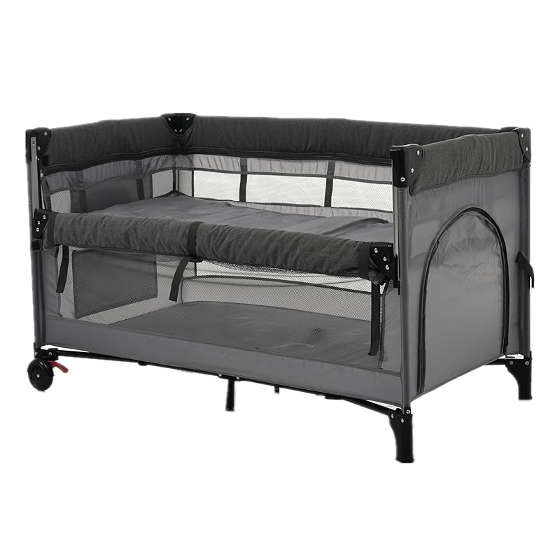 Donext Crib Playpen Folding Co-sleeping Bed Play Yard Side Height Adjustable With Mat Comes with Storage Bag With Mattress with Casters