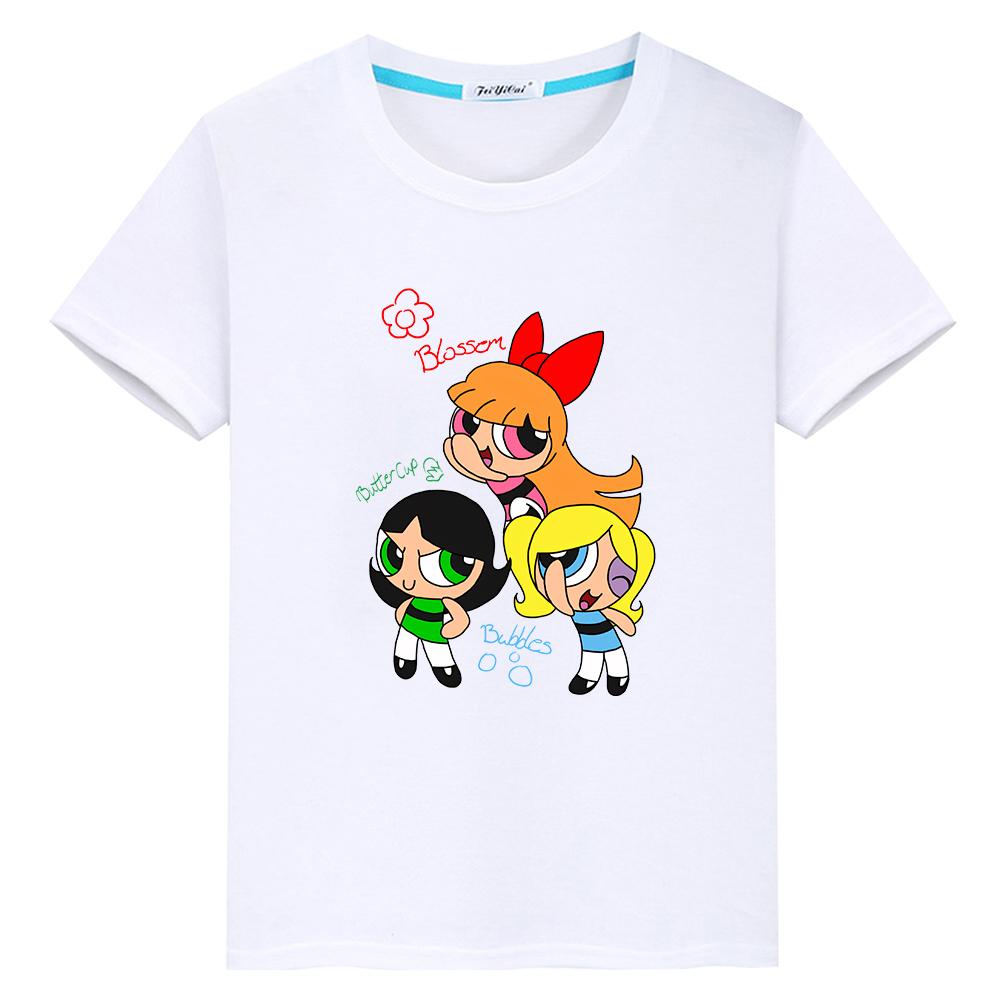 Принт powerpuff girls 100% хлопок каваи топы аниме короткий гордость футболка футболка для детей мальчик 10 лет y2k цельный одежда для девочки