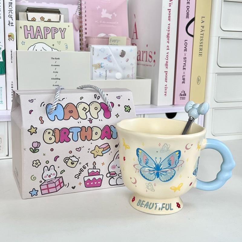 Birthday Gift for Girlfriends, Girl's Heart Butterfly Mug, High-value Ceramic Water Cup, Girl's Souvenir Gift Box.