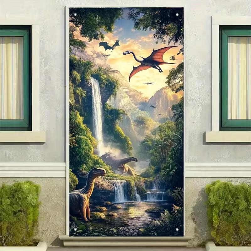 2D Prehistoric Dinosaur Jungle Tapestry, Jurassic Waterfall & Flying Pterosaur Scene Backdrop for Kids' Bedroom