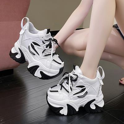 Весенне-осенние женские массивные кроссовки, кожаная повседневная обувь на скрытом каблуке 10 см, женская спортивная обувь на высокой платформе с кристаллами, женская спортивная обувь для папы