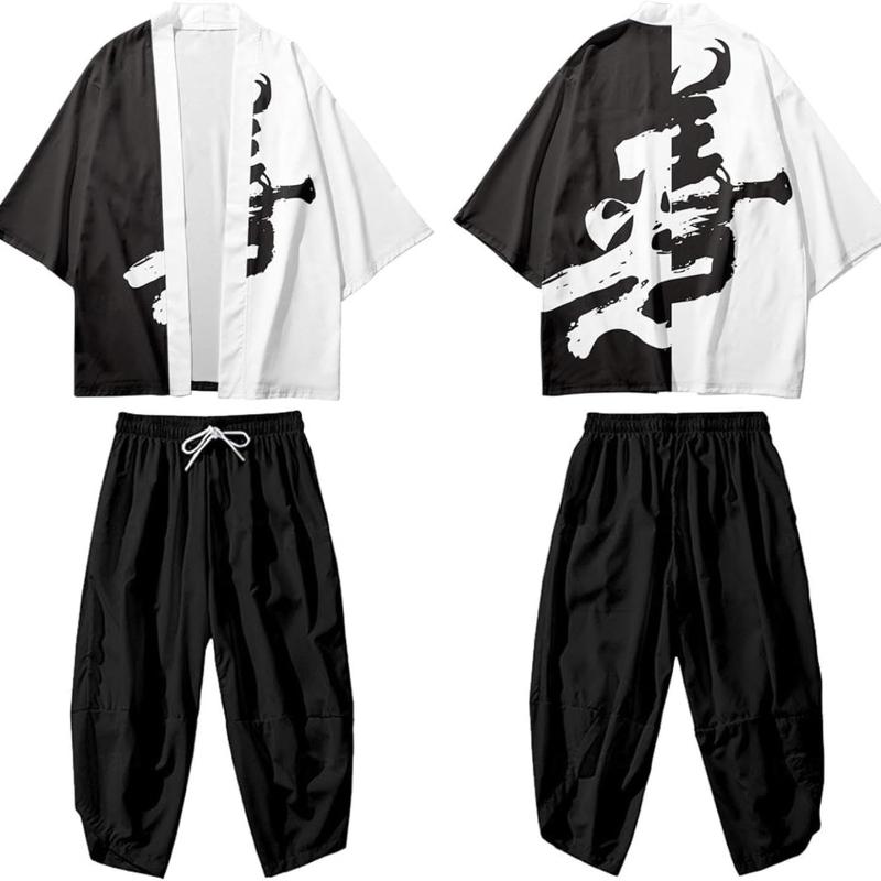 Кардиган в национальном стиле с изображением журавля, плащ-костюм, 3D-печатный дракон, тотем, укиё-э, кот, брюки-кимоно, халат