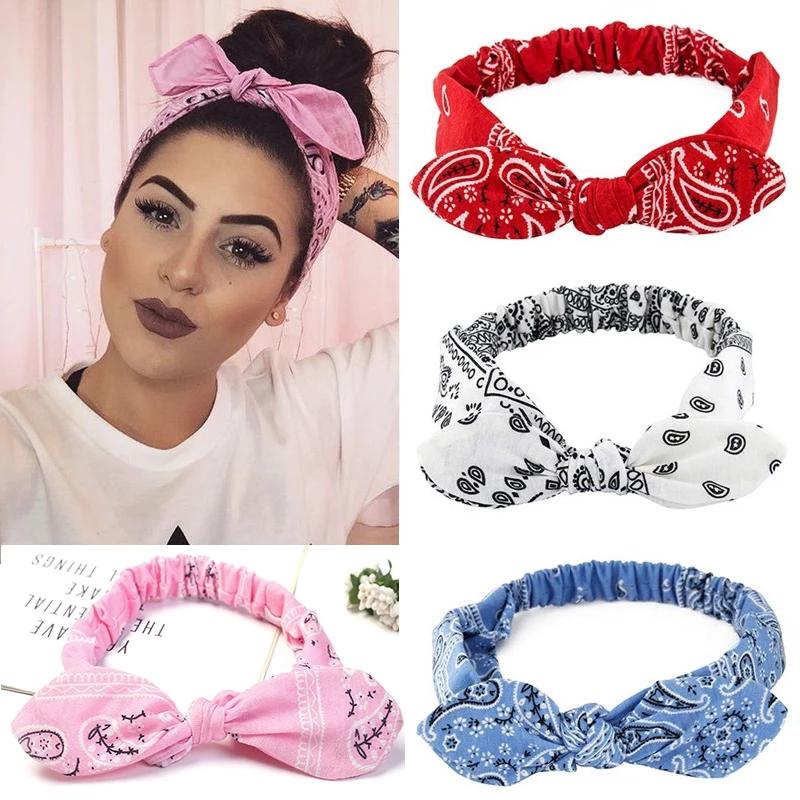 Boho Bow Headbands for Women Vintage Paisley Bandana Flower Printed Hairband Elastic Rabbit Ear Head Wrap Cashew Print Bandage Cute Hair Accessories