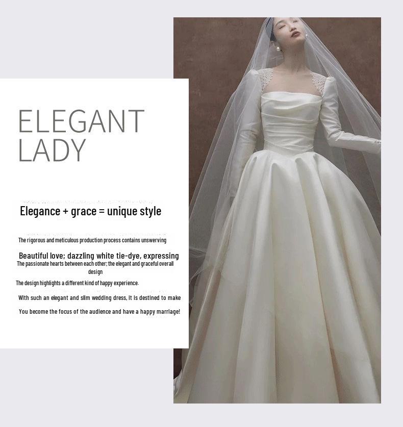 Атласное ретро-легкое свадебное платье с маленькими длинными рукавами - свадебная коллекция 2024 года