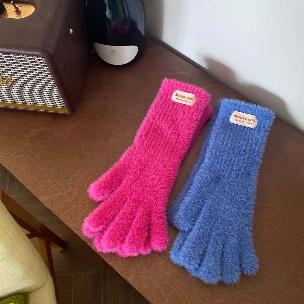 Faux Rabbit Hair Soft Plush Finger Gloves Anti-cold Mittens Candy Color Gloves Girls