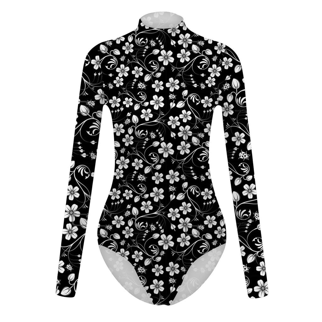 Women's Spring And Autumn One-piece T-shirt Slim Long Sleeve Half High Neck Vintage Printed Bodysuit Tops