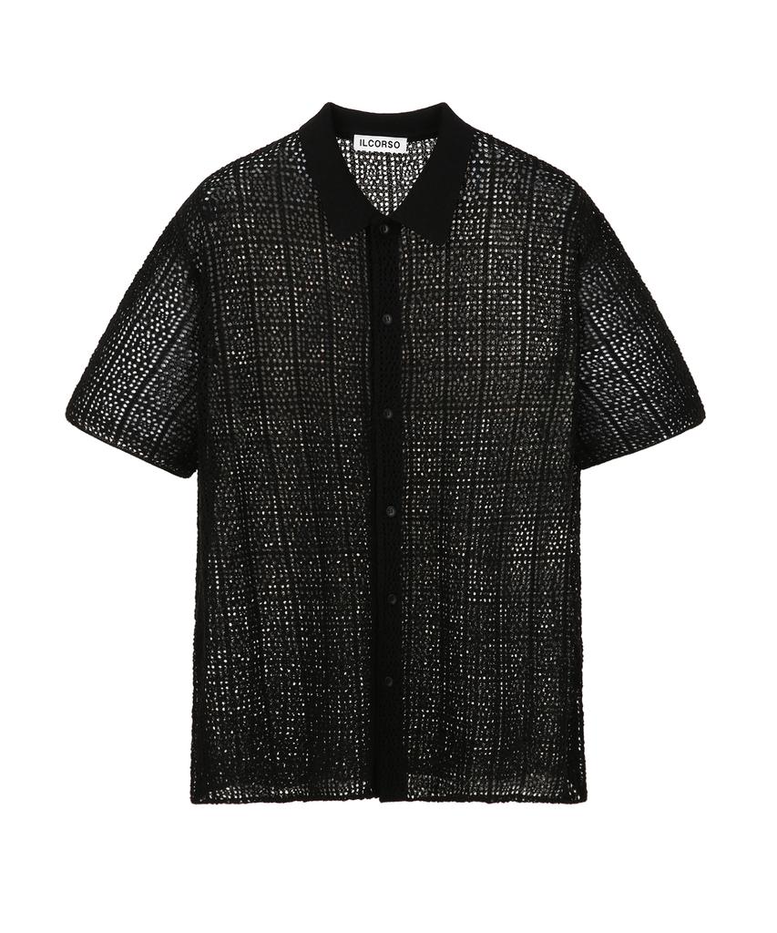 IL CORSO Jacquard Crochet Knit Half Shirt Black