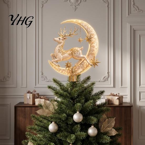 Christmas Tree Topper Lighted Memorial Topper, Angel Red Bird Reindeer Designs Treetop Ornament Spiral Crown with Warm Glow for Decor, Winter Holiday