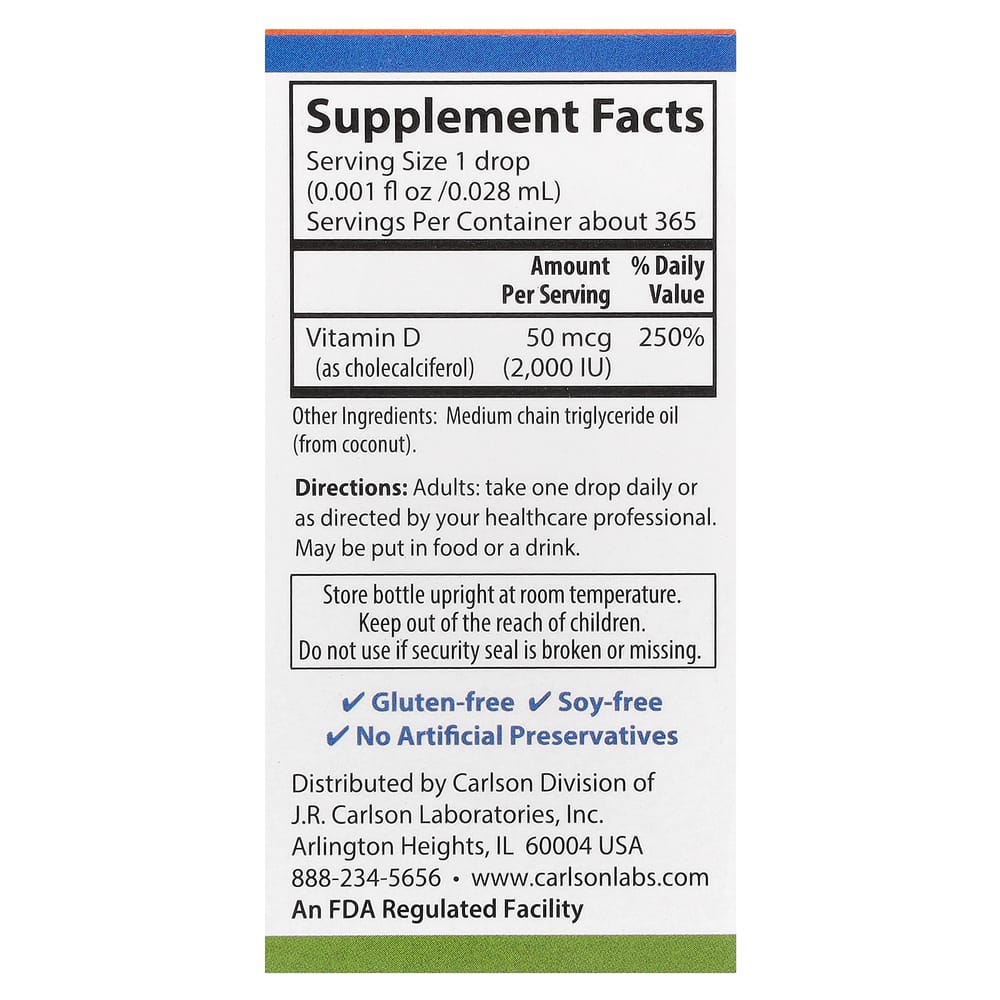 Carlson Labs Super Daily D3 50mcg (2000 IU) Liquid Drops, 10.3ml (0.35 fl oz)