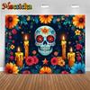 Mocsicka Day Of The Dead Background Photography Art Flower Skull Candle Death Festival Decoration Halloween Party Photo Backdrop