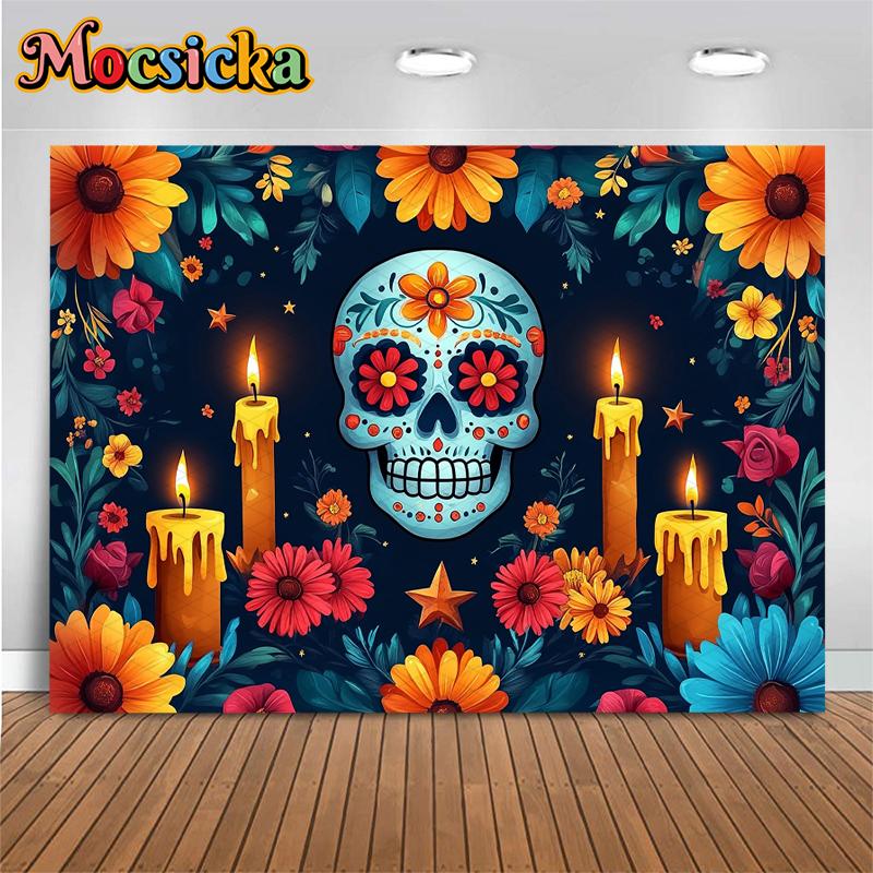 Mocsicka Day Of The Dead Background Photography Art Flower Skull Candle Death Festival Decoration Halloween Party Photo Backdrop
