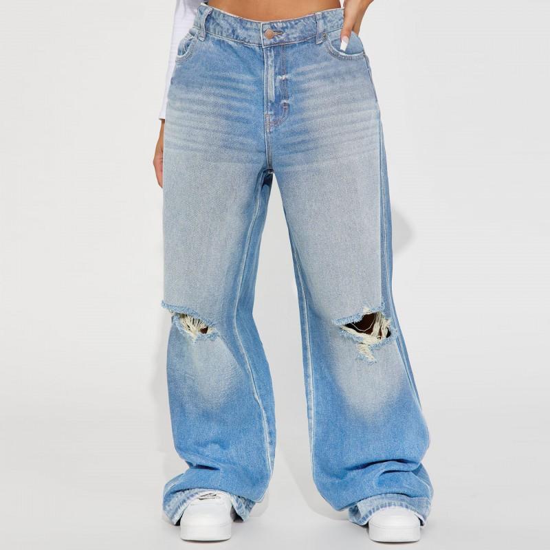 Overseas Warehouse Non-Stretch Wide Leg Jeans Straight Denim Pants Women Men Streetwear