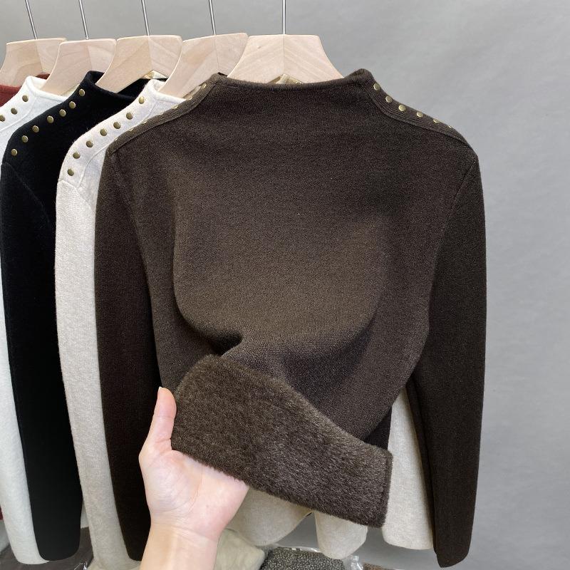 Цельный флисовый свитер с полувысоким воротником, женская флисовая толстая базовая рубашка, осенне-зимний новый вязаный свитер с заклепками, внутренний топ