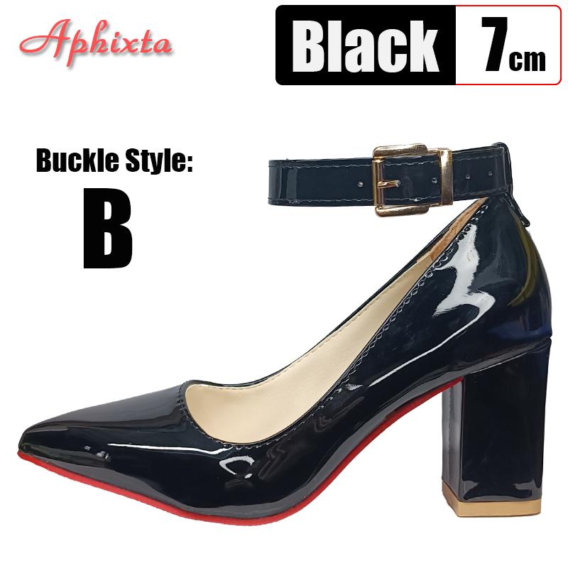 Aphixta Супер Большой Размер 51 52 53 Лакированная Кожа 7см Массивный Каблук Официальные Туфли-Лодочки 2см Пряжка Ремень Острый Носок Женские Черные Туфли