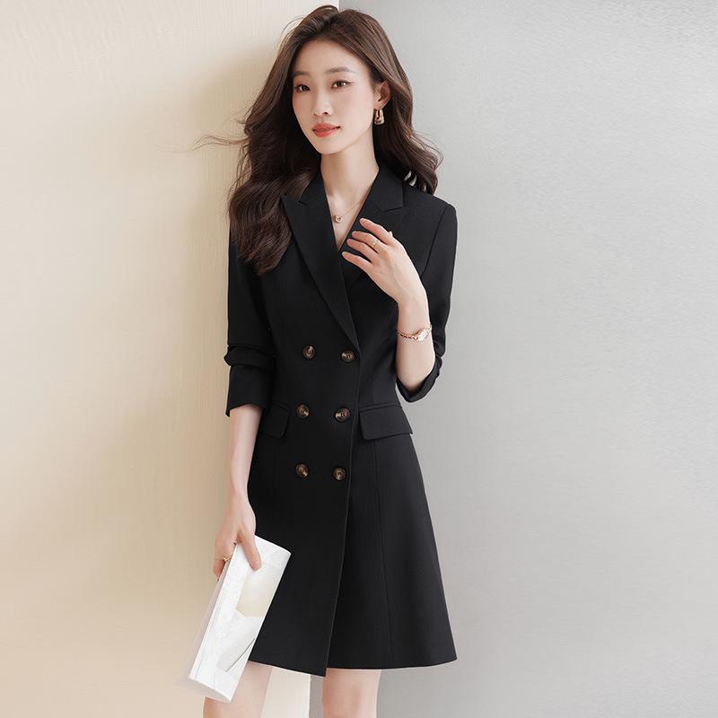 Женское двубортное серое платье-костюм - Миди, Высококлассная профессиональная рабочая одежда для весны и осени