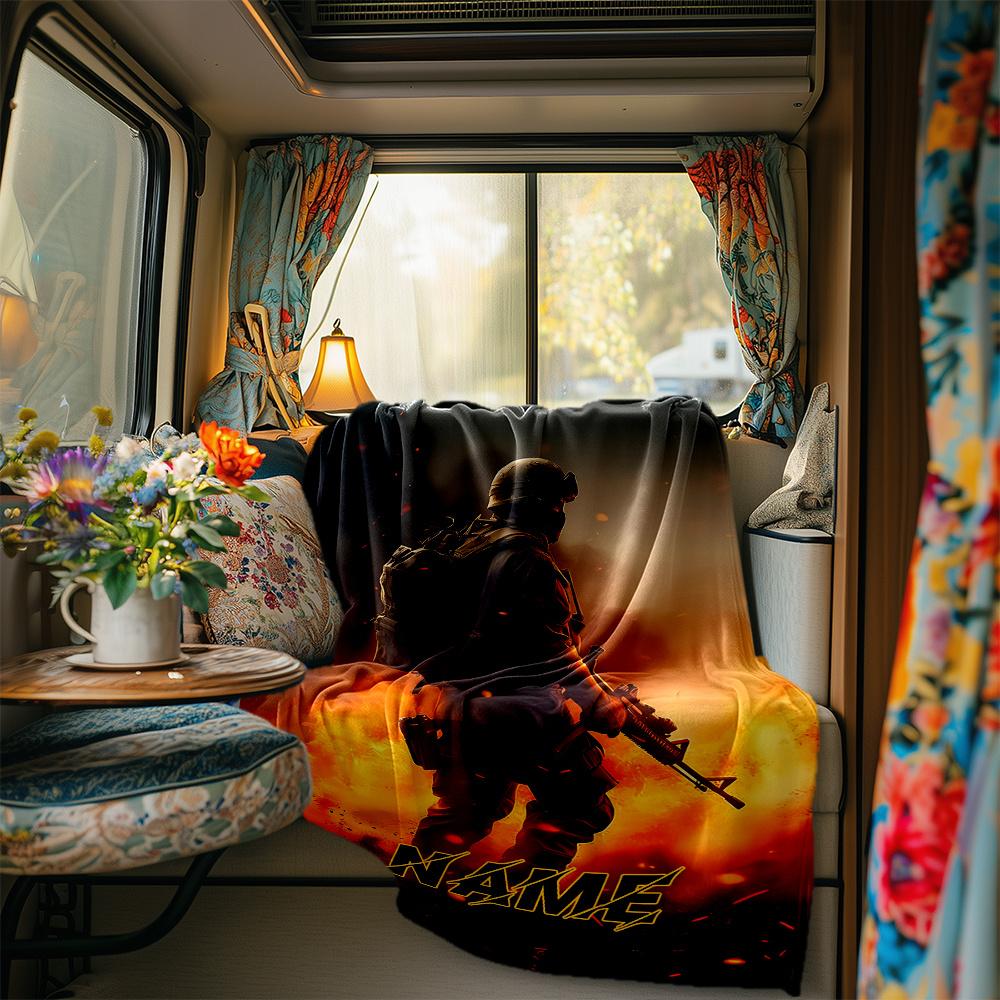 Soldier With Backpack And Gun In Flames Blanket Personalized Name Soft Comfortable Stylish Blanket Car Blanket Perfect For Travel Camping Outdoor Home