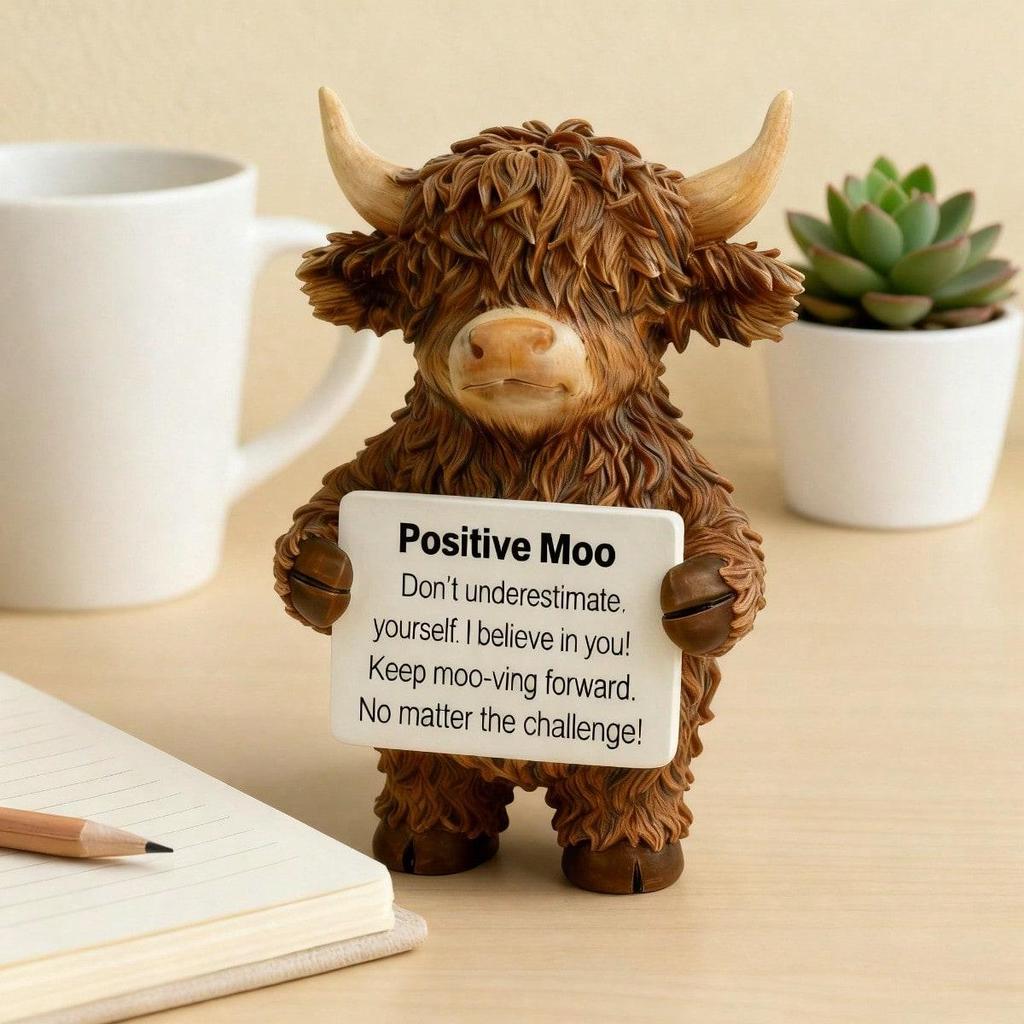 A Cute Scottish Highland Cow Statue, Resin Farmhouse Cow Desk Decor, Encouragement Cheer Up Gift for Office Home Shelf Tabletop